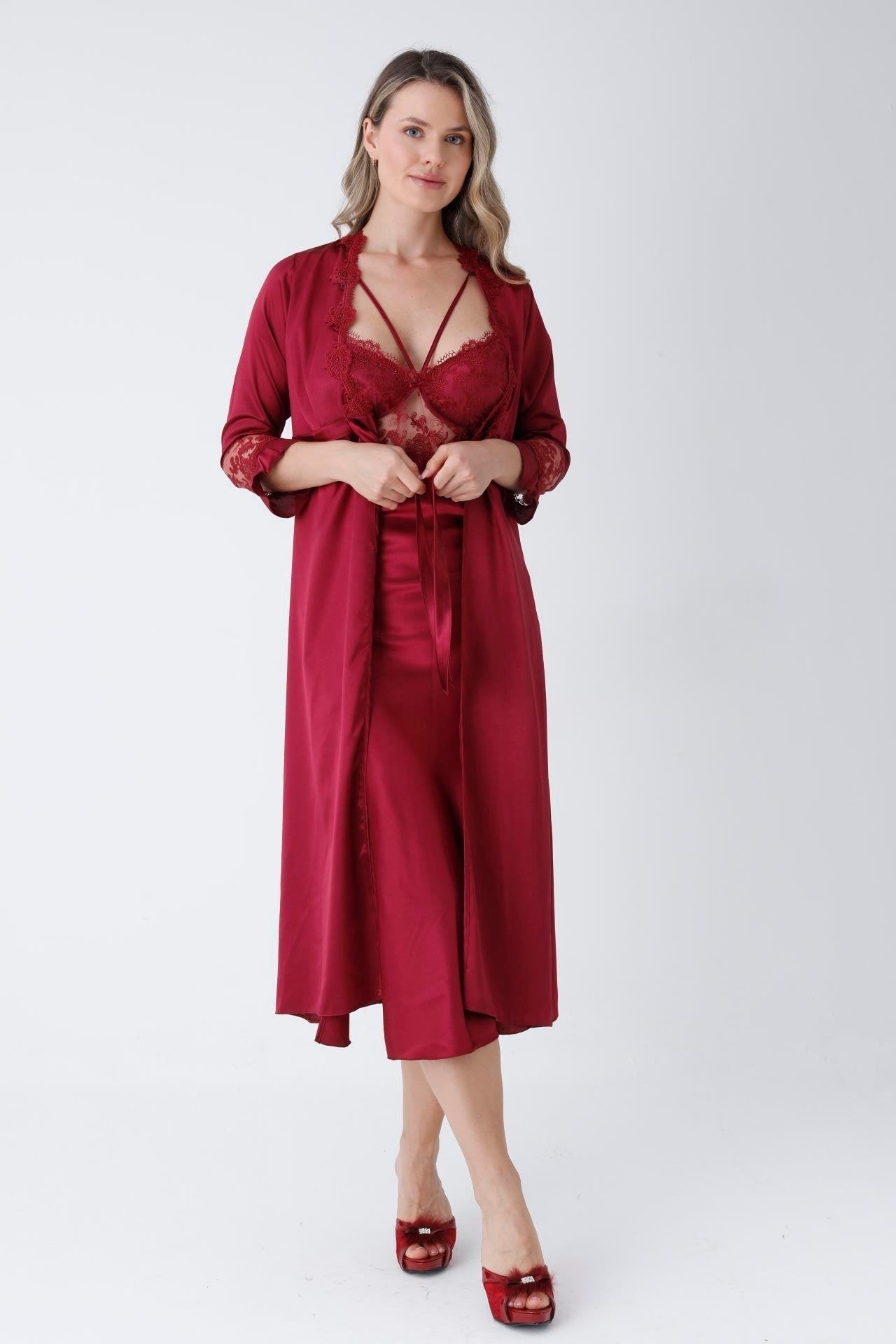 Claret Red 6 Piece Long Slit Satin Nightgown Dressing Gown Set