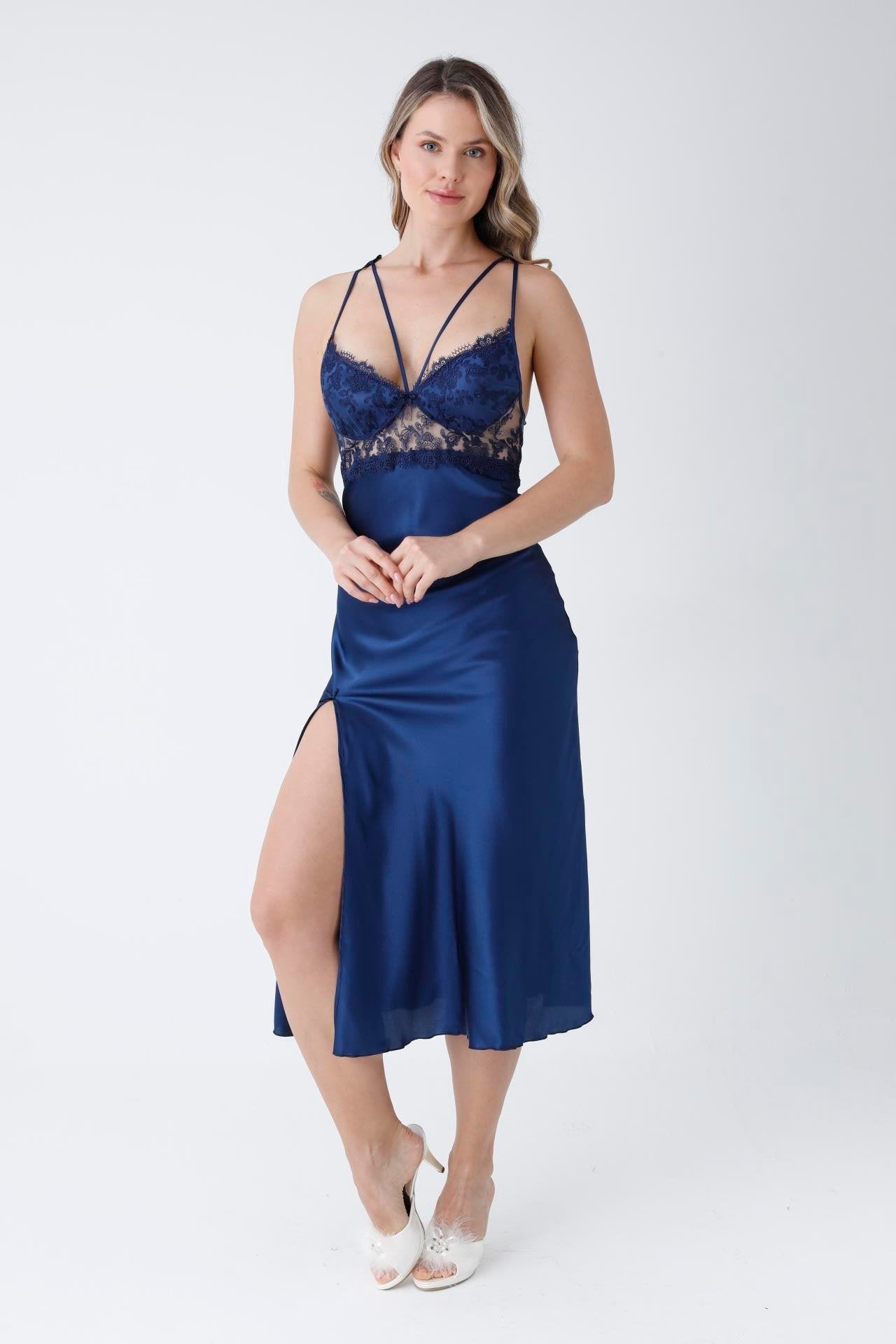 Navy Blue 6 Piece Long Slit Satin Nightgown Dressing Gown Set