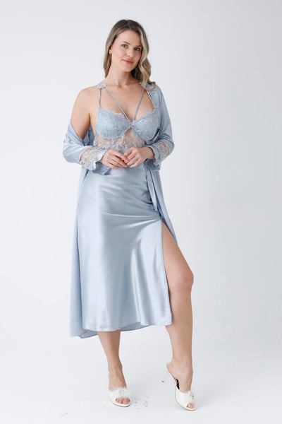 Mist 6 Piece Long Slit Satin Nightgown Dressing Gown Set