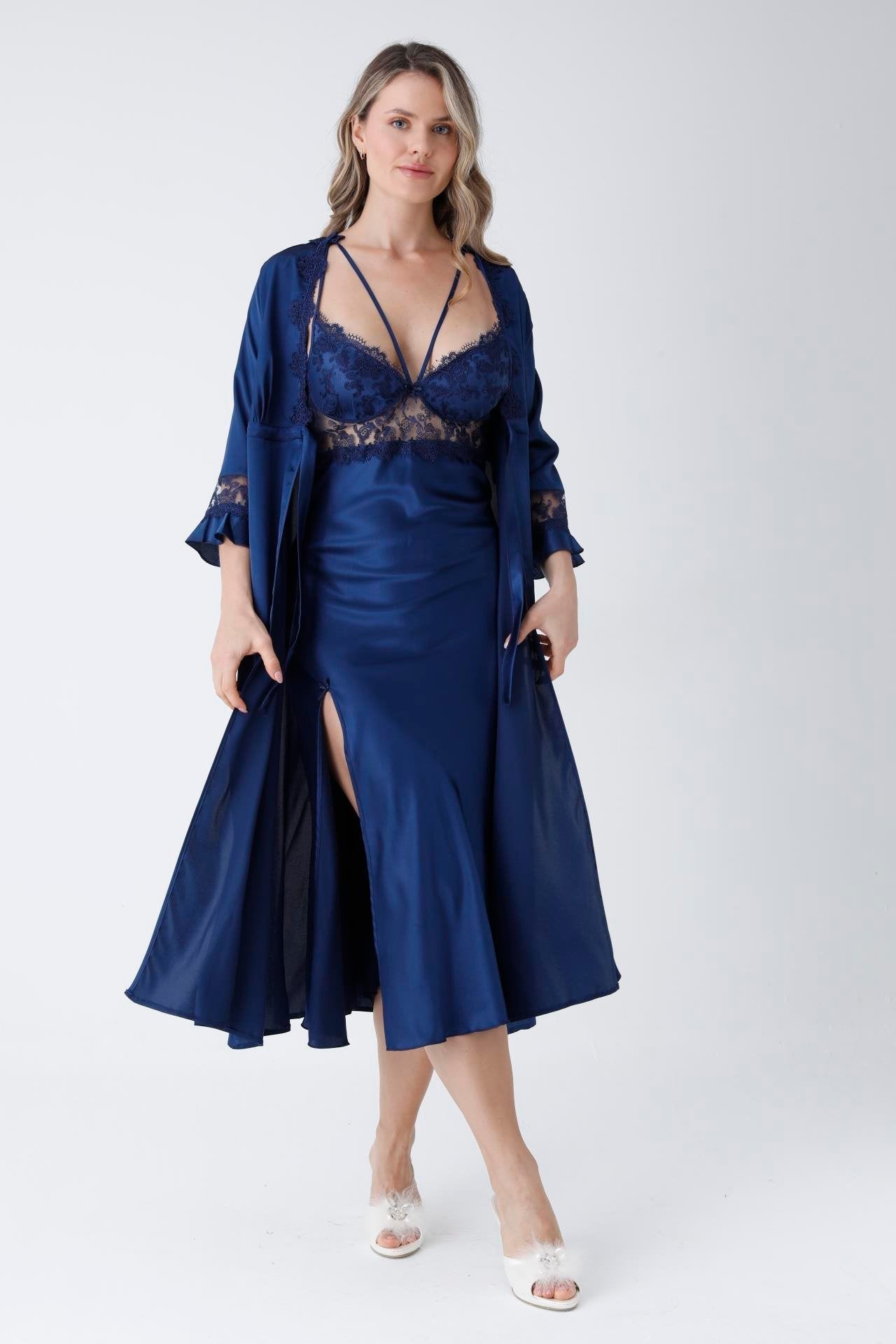 Navy Blue 6 Piece Long Slit Satin Nightgown Dressing Gown Set