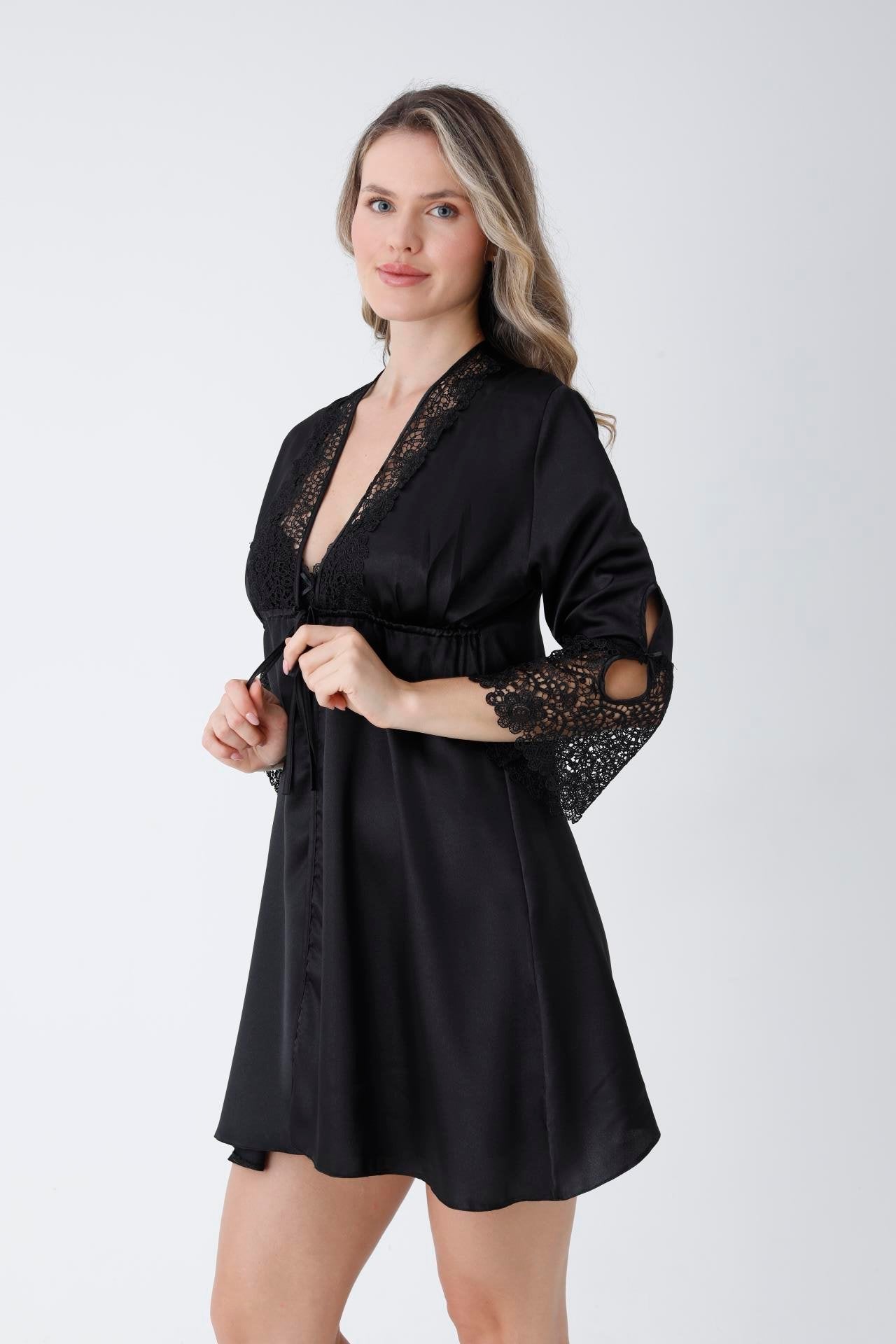 Black Guipure Detailed 6-Piece Satin Nightgown Dressing Gown Set