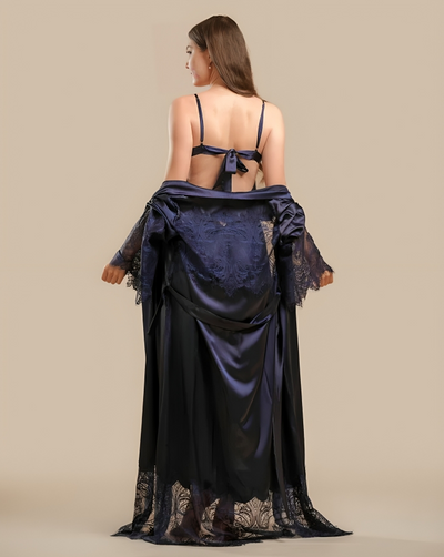 Long Satin & Lace Nightdress & Robe Set - Navy Blue