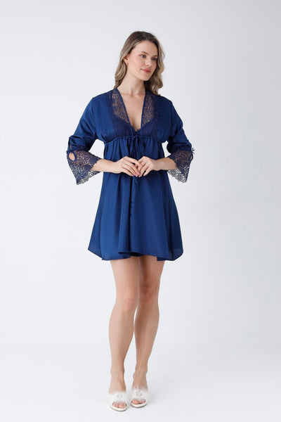 Navy Blue Guipure Detailed 6-Piece Satin Nightgown Dressing Gown Set