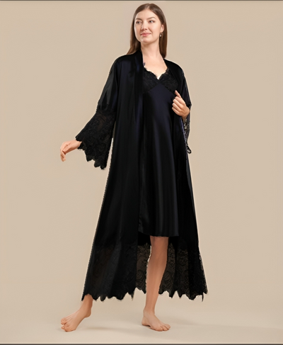 Long Satin & Lace Nightdress & Robe Set - Navy Blue