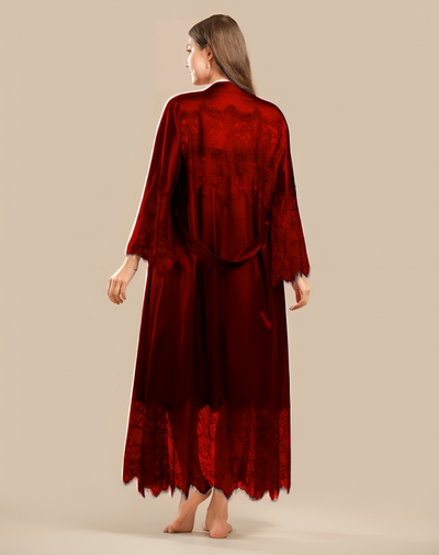 Long Satin & Lace Nightdress & Robe Set - Maroon